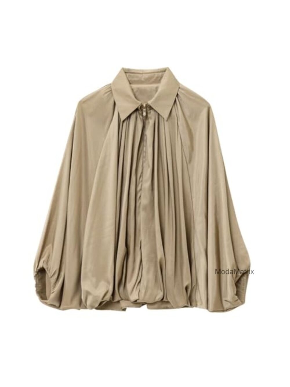 Women's Puffed Bomber Jacket Oversized Batwing Sleeve Zip Front Pleated Casual